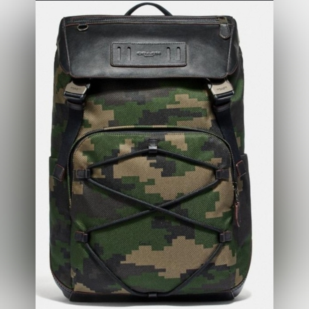 Coach Unisex Camo/Leather Backpack 18x12x7 Inches